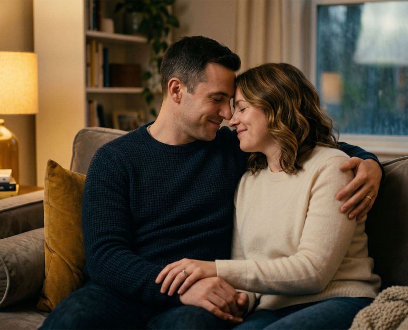 A couple sharing a moment of calm connection and mutual understanding after a productive conversation.