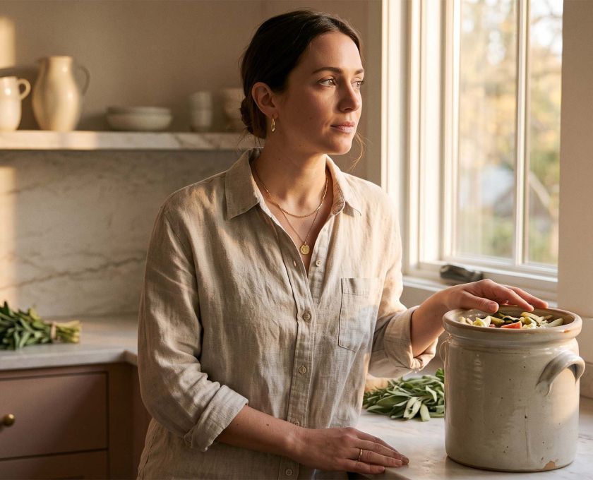 Woman in linen at a sunlit kitchen counter with a fermentation crock, illustrating the lactic acid bacteria behind the vaginal microbiome