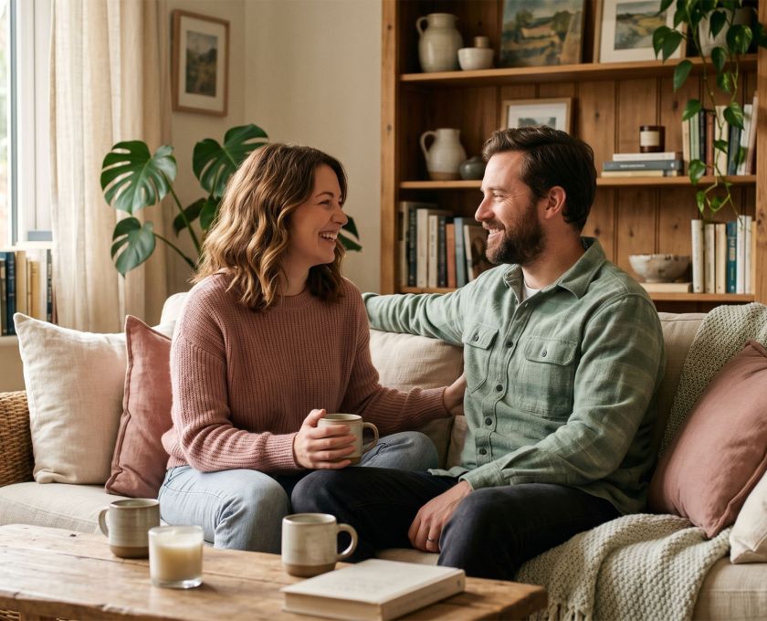 Woman and her partner sitting closely together, sharing a quiet, tender moment of emotional connection at home