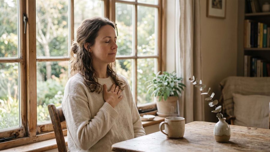 Woman by a window taking a slow breath to calm an overactive nervous system