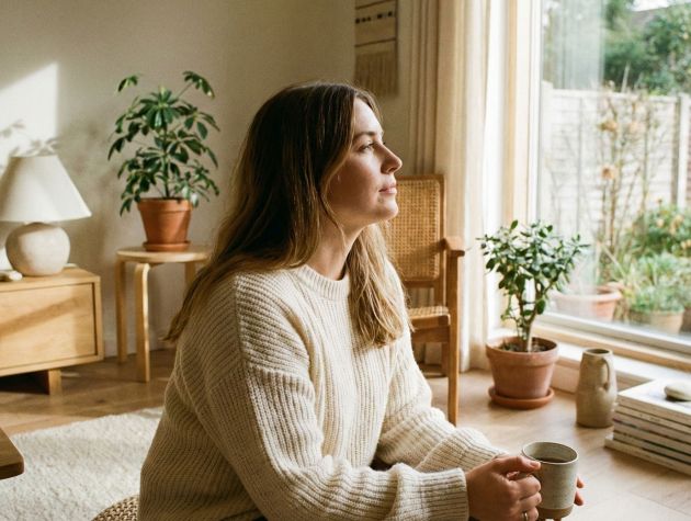 A woman practicing mindful breathing in a bright, peaceful room to lower stress levels.