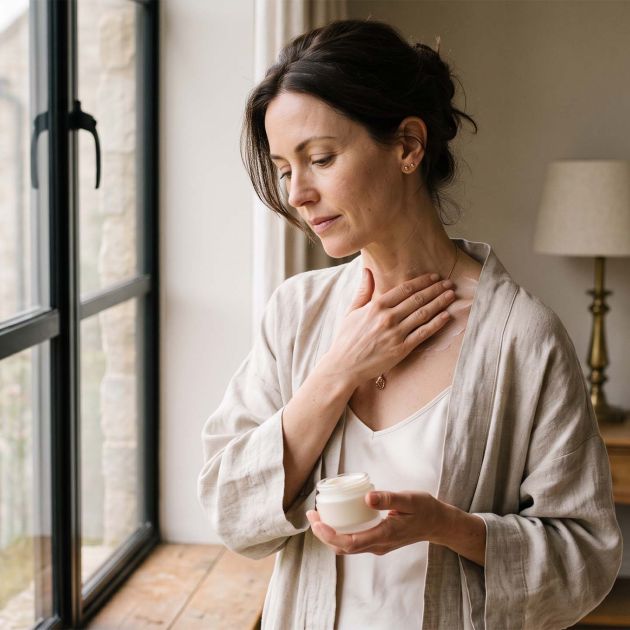 Woman in a linen robe applying cream to her collarbone and décolletage at a sunlit window during her morning skin care routine