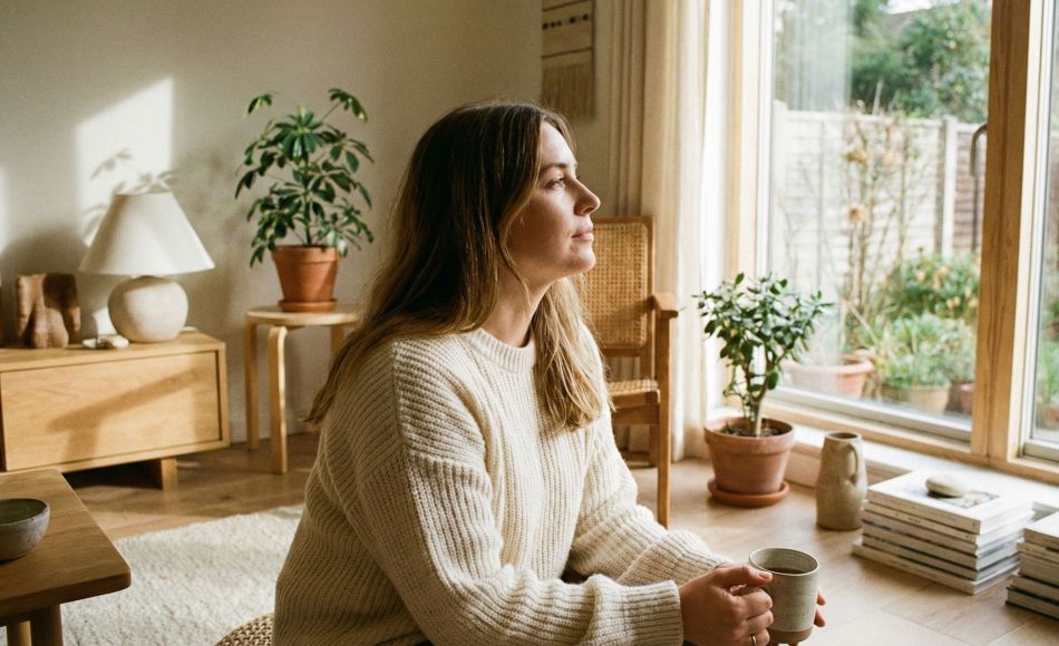 A woman practicing mindful breathing in a bright, peaceful room to lower stress levels.