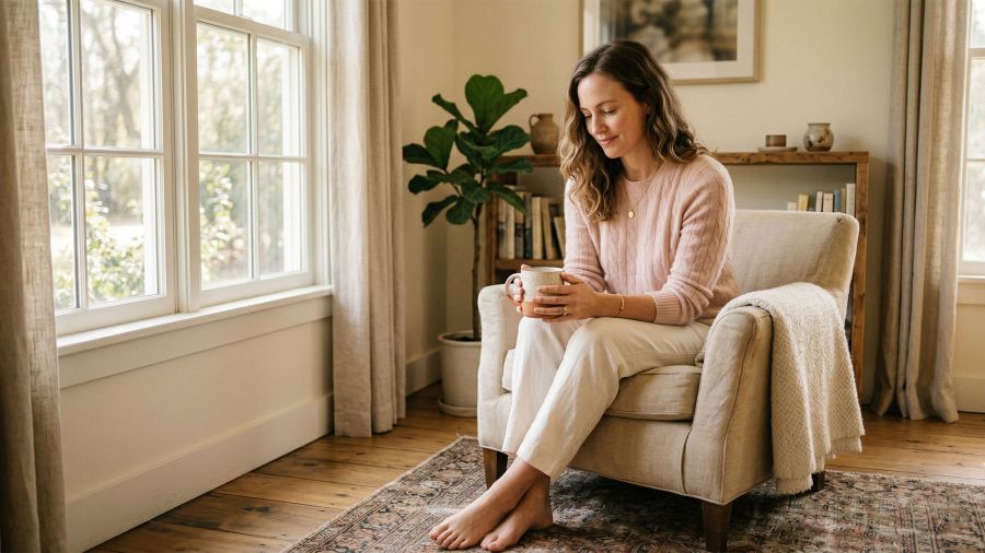 A calm, confident woman in soft natural light, representing body awareness and self-knowledge