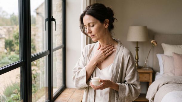 Woman in a linen robe applying cream to her collarbone and décolletage at a sunlit window during her morning skin care routine