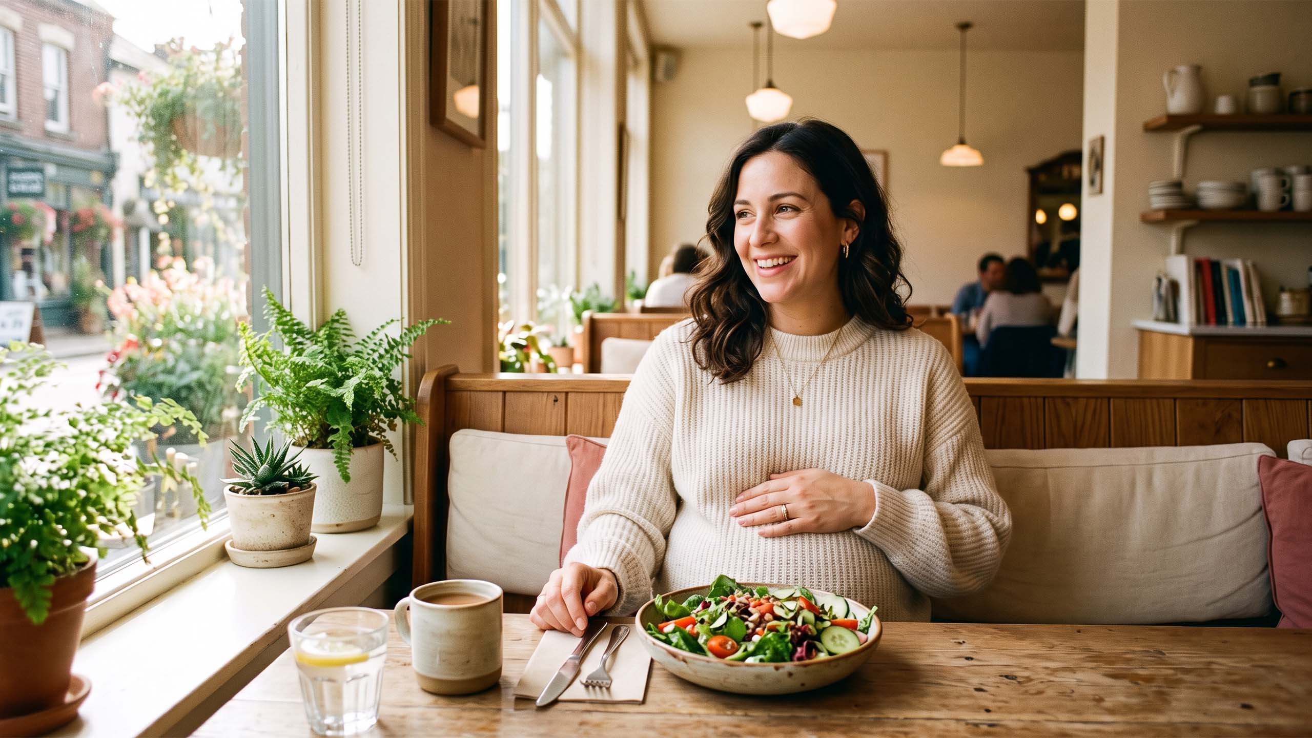 Pregnant woman smiling in a sunlit café with a fresh salad, the legendary labor-inducing salad from Caioti