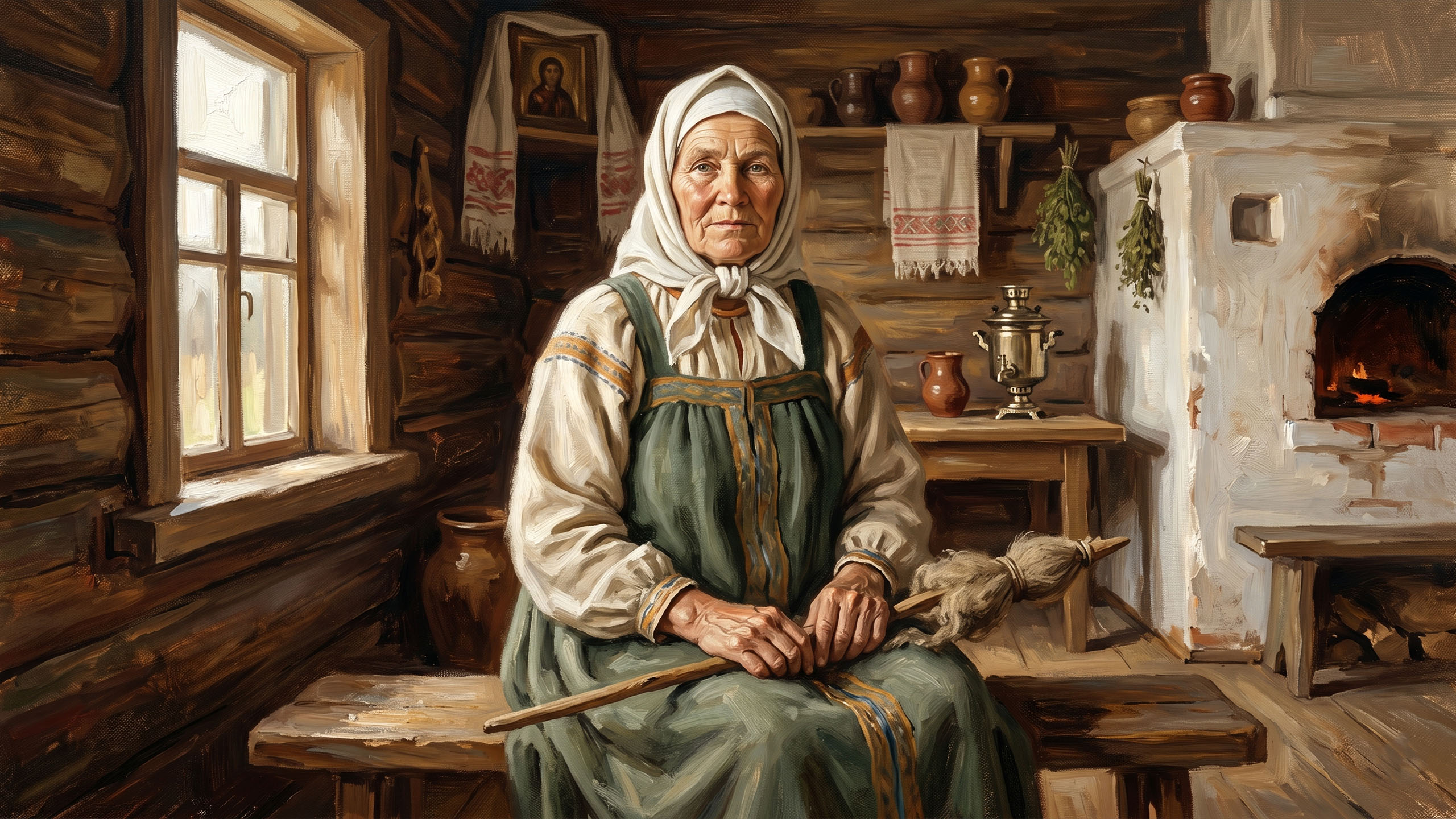 Historical portrait-style illustration of a dignified 18th-century Russian peasant woman in traditional dress, seated in a warm wooden interior with soft window light — representing the unnamed mother who gave birth to 69 children