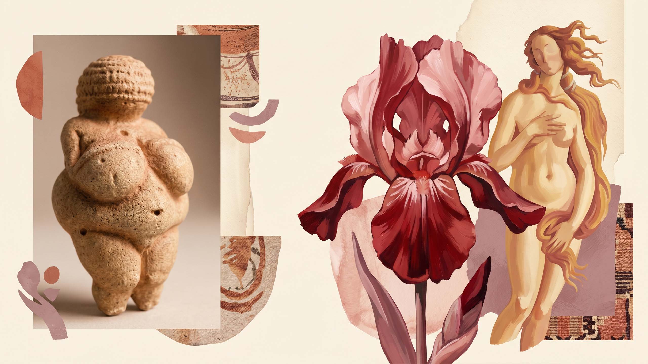 Un collage de formas femeninas de la historia del arte, desde figurillas prehistóricas hasta pinturas renacentistas y lienzos botánicos abstractos.
