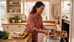 Mujer en una cocina iluminada por el sol sacando una bandeja de verduras asadas del horno mientras aprende a cocinar en casa.