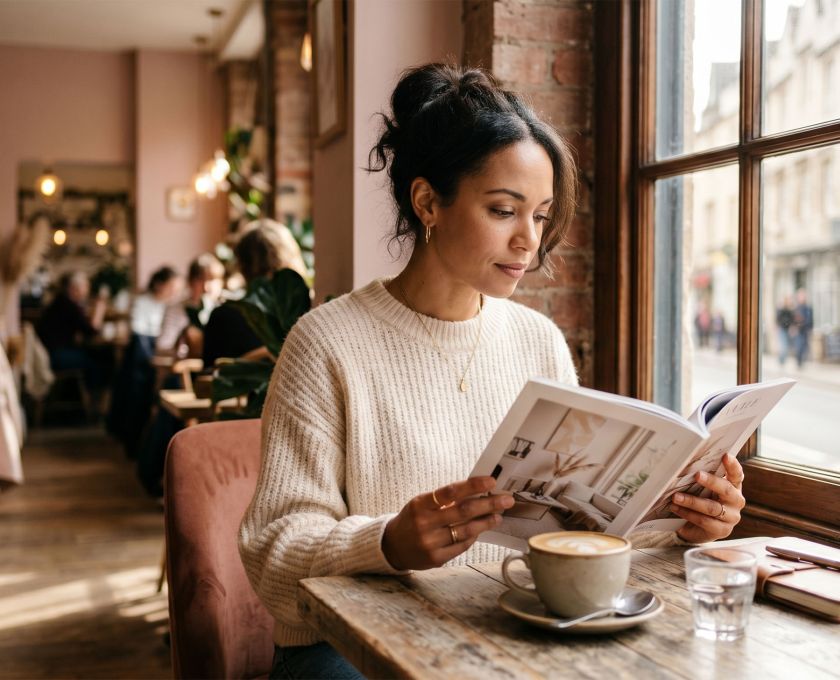 Woman sitting thoughtfully at a café window reading a magazine, soft natural light, contemplative expression, warm tones