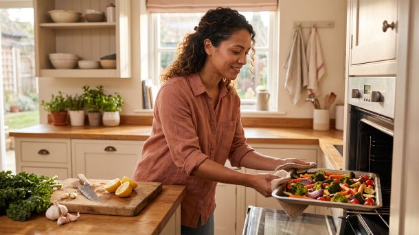 Mujer en una cocina iluminada por el sol sacando una bandeja de verduras asadas del horno mientras aprende a cocinar en casa.
