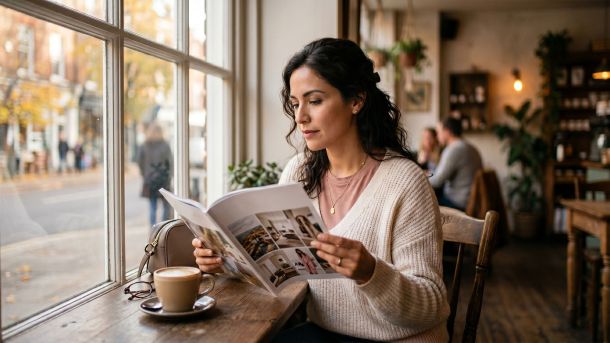 Mujer sentada pensativa junto a la ventana de una cafetería leyendo una revista, luz natural suave, expresión contemplativa y tonos cálidos