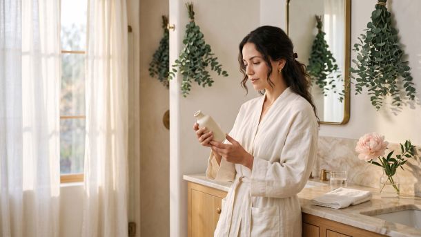 Mujer con una bata color marfil leyendo atentamente la etiqueta de un producto de cuidado íntimo sin fragancias en un baño iluminado por la luz natural.