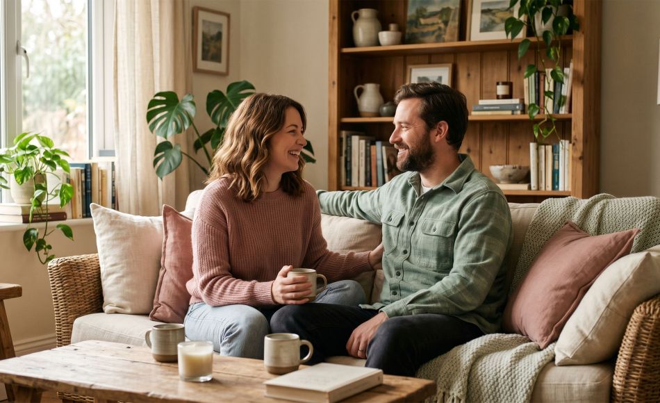 Woman and her partner sitting closely together, sharing a quiet, tender moment of emotional connection at home