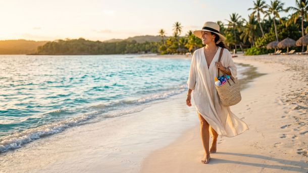 Una mujer camina por una prístina costa tropical sosteniendo un sombrero para el sol y una bolsa de playa tejida.