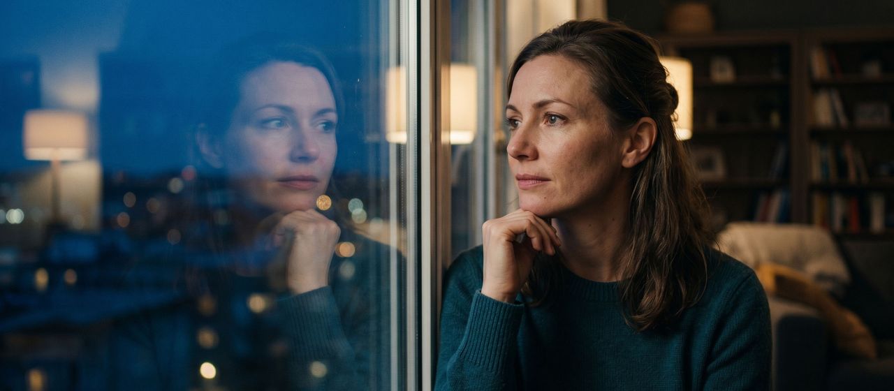 Woman sitting alone looking out a window in quiet reflection