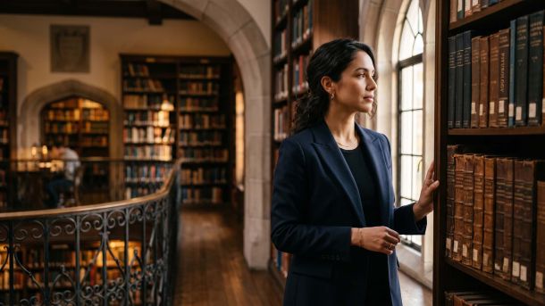 Elegante mujer estudiando antiguos libros de anatomía en una biblioteca médica histórica, ilustrando la historia de la teoría del útero errante en la medicina femenina.