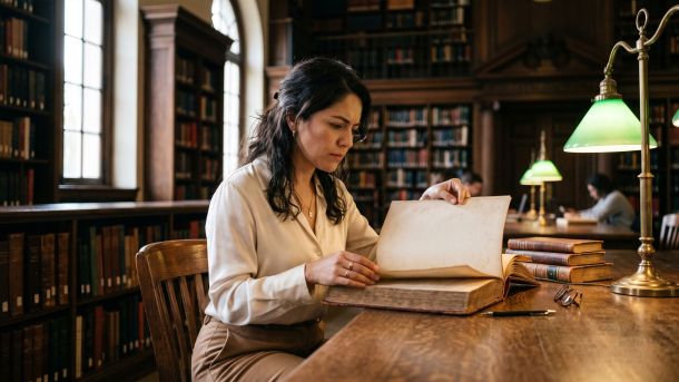 Mujer investigando la historia de la anatomía femenina en antiguos libros médicos en una mesa iluminada de una biblioteca de archivo