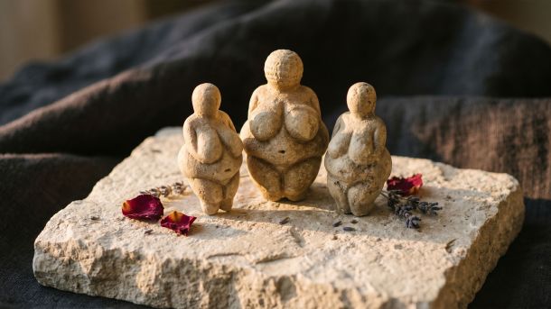 Ancient Venus figurines and sacred feminine symbols from world cultures displayed on natural stone with warm ambient light