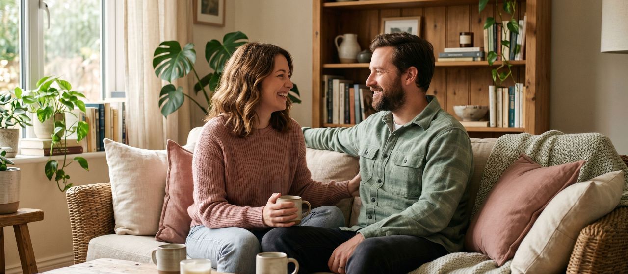 Woman and her partner sitting closely together, sharing a quiet, tender moment of emotional connection at home