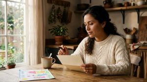 Mujer sentada en una mesa de cocina iluminada por el sol, sosteniendo un bolígrafo sobre una papeleta y reflexionando sobre cómo las mujeres forman sus opiniones políticas