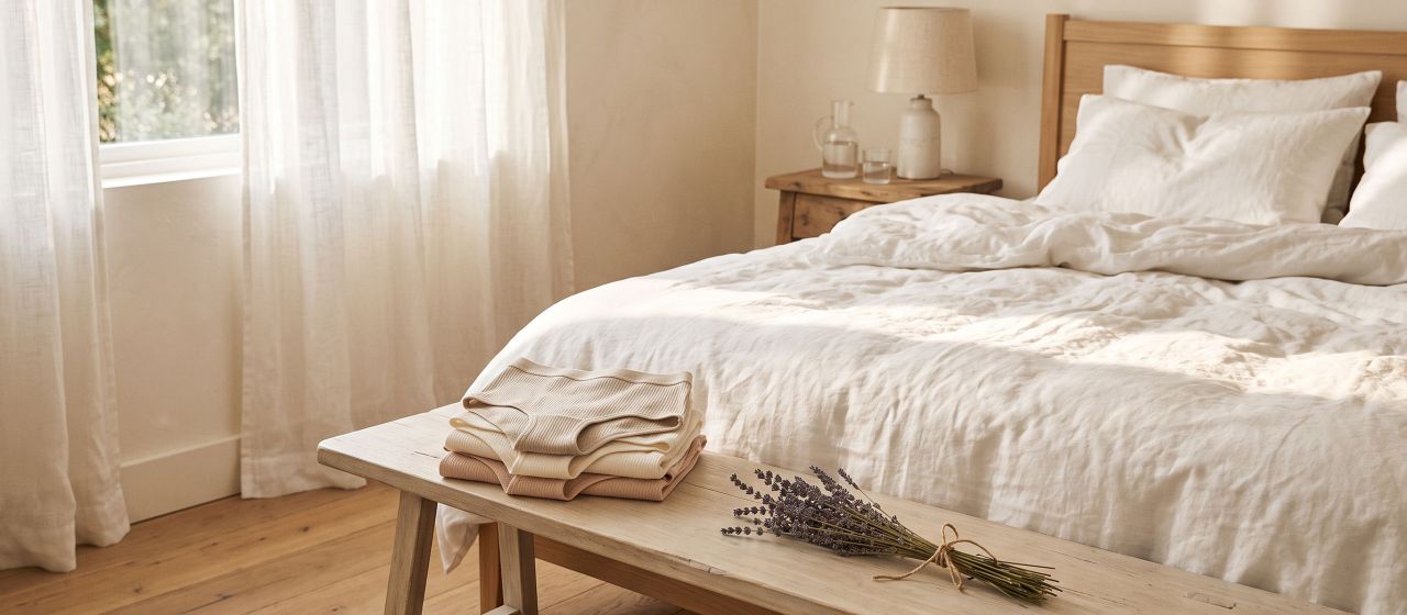 Sábanas blancas de algodón suave iluminadas por la luz de la mañana con ropa interior de algodón natural doblada, representando un descanso sin ropa interior y una mejor transpiración para la piel íntima.