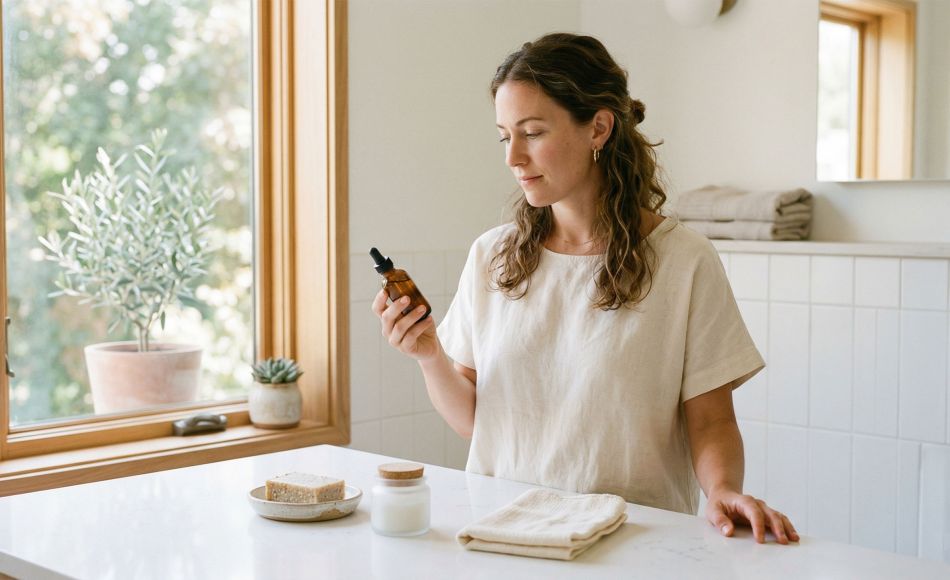 Woman reviewing hygiene products at a clean bathroom counter, representing microbiome-informed self-care