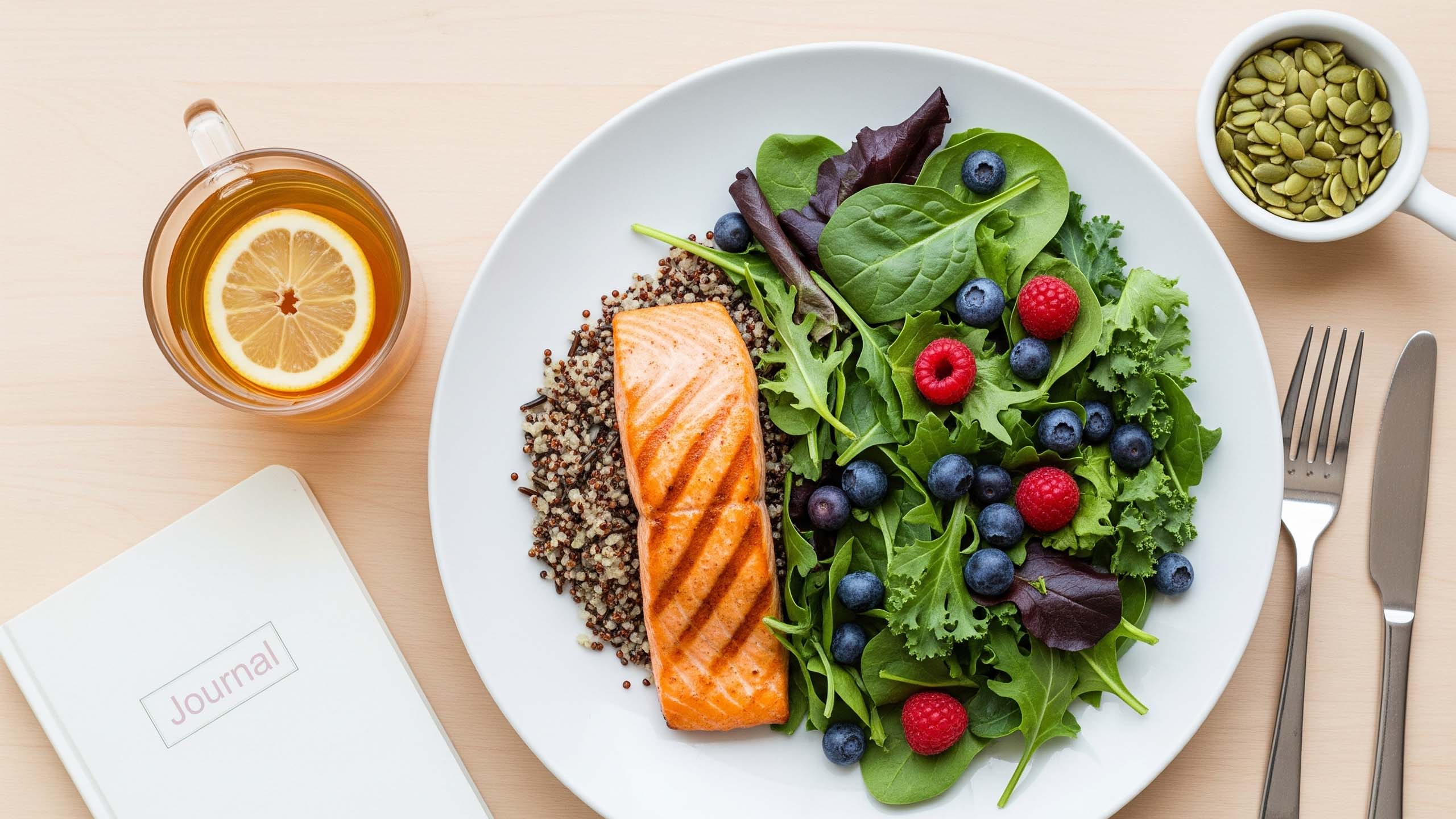 Teller mit Vollkorn, Lachs, Blattgemüse und Beeren neben Notizbuch und Kräutertee.