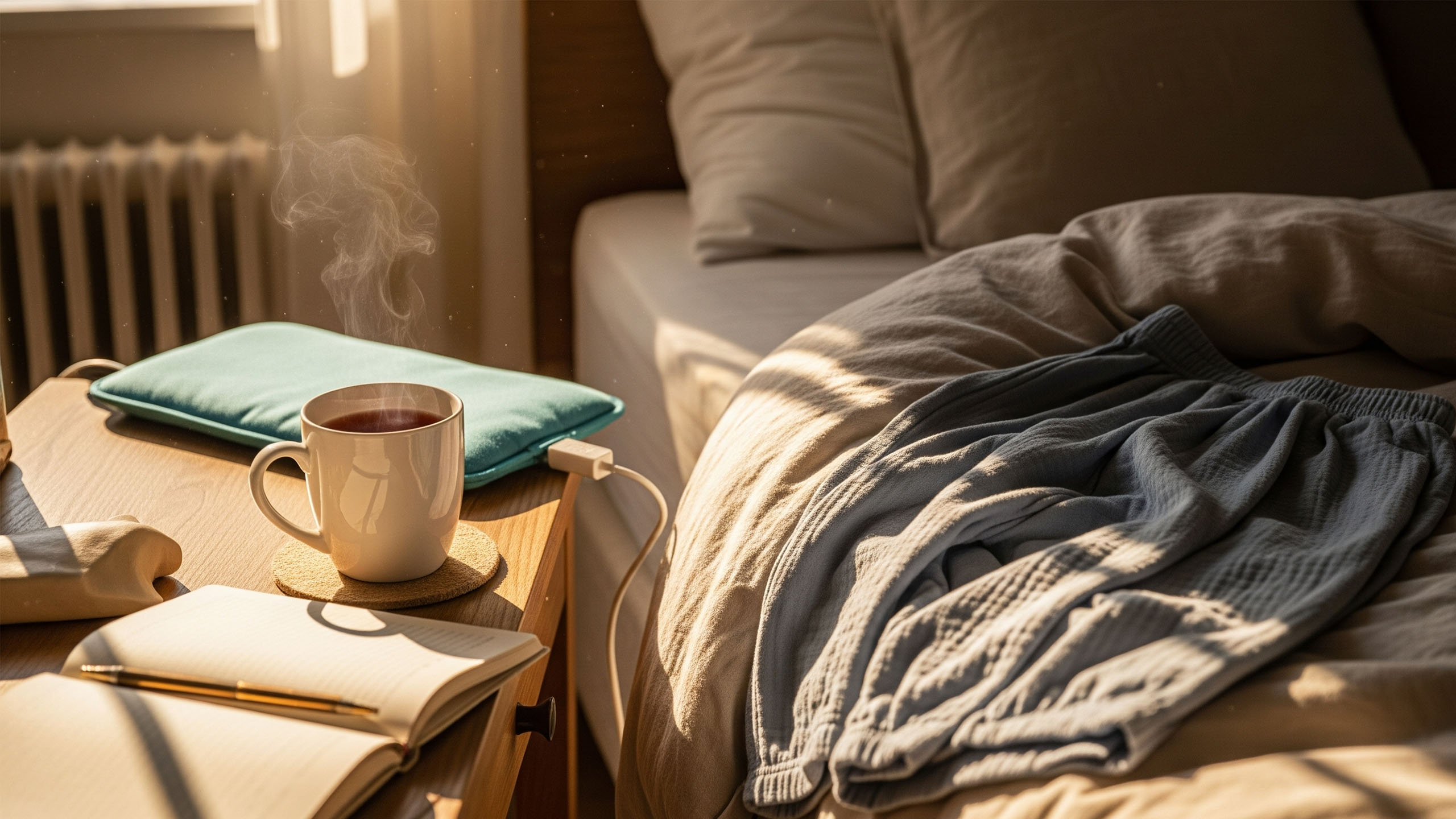 Gemütliches Set-up für Periodenkomfort mit Tee, Wärmflasche und Notizbuch