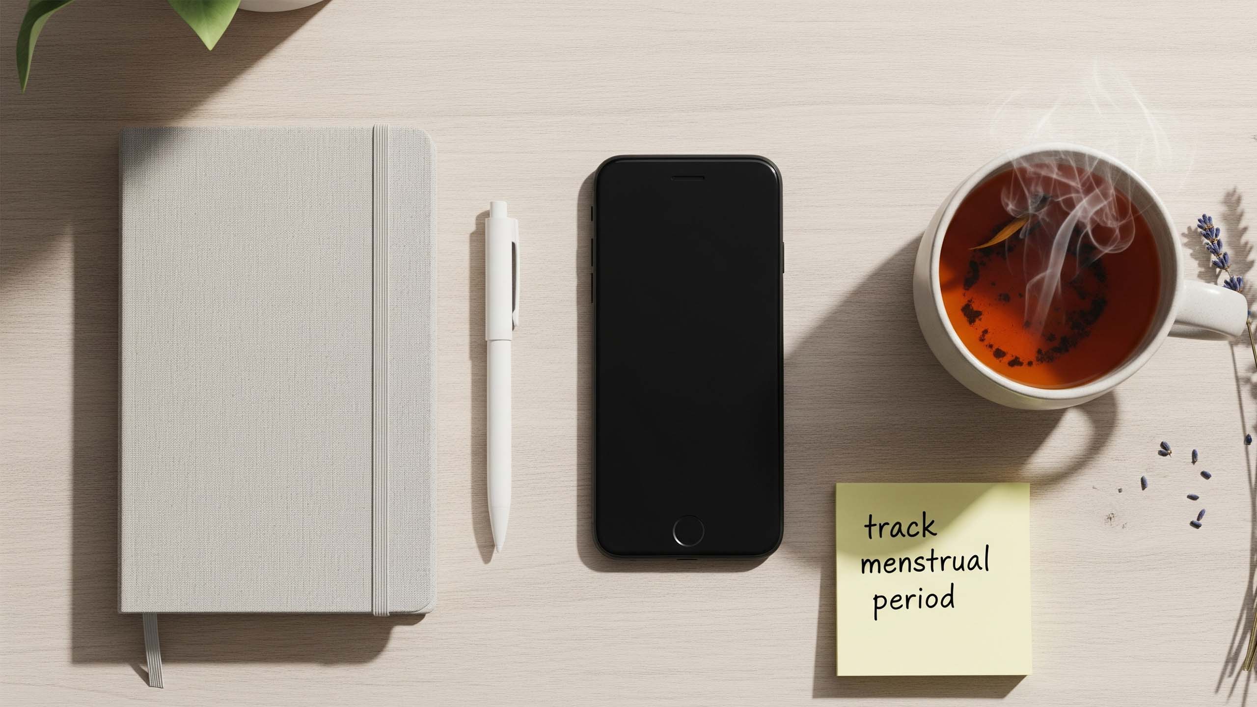 Smartphone with period tracking app, notebook, and tea for menstrual cycle planning
