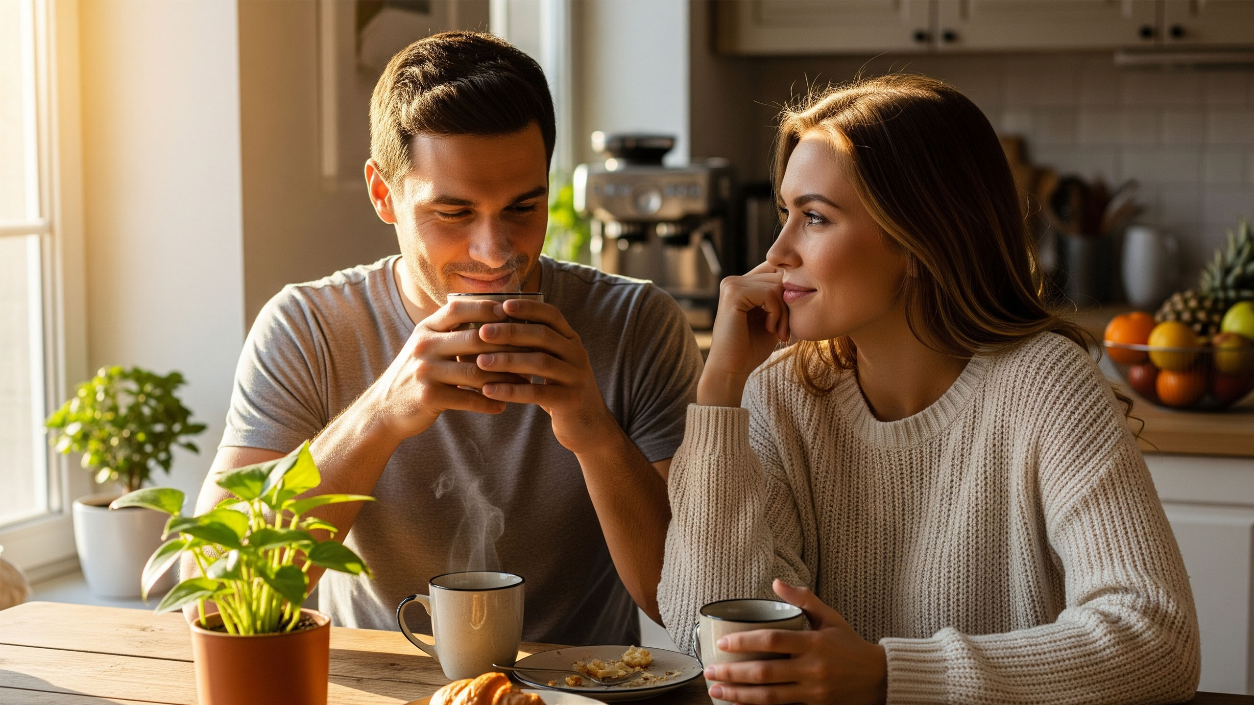 Hombre y mujer conversando sobre salud y bienestar