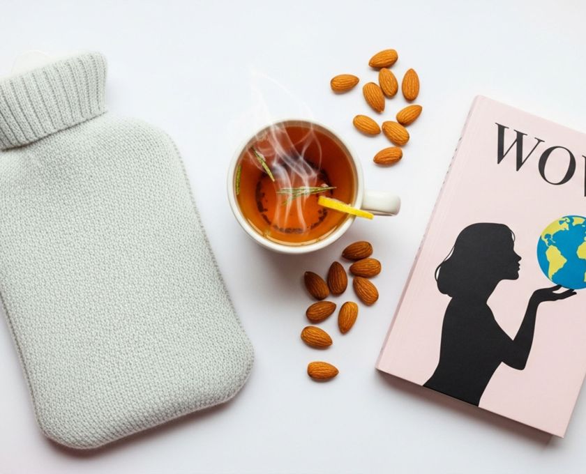 A preparation kit for menstrual cramping including a hot water bottle, herbal tea, and healthy snacks.