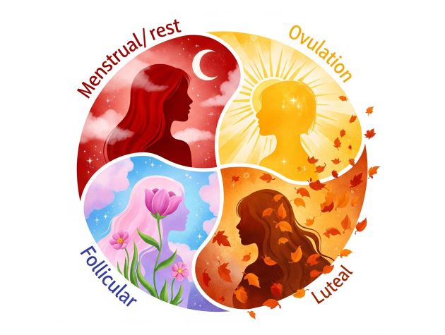 Illustration of the four phases of the female menstrual cycle depicted as a circular dance of hormones and energy.