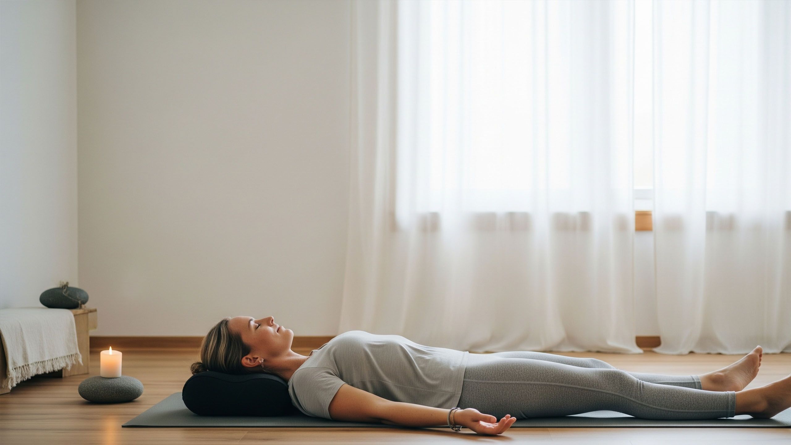Woman practicing body scan meditation while lying peacefully on a mat.