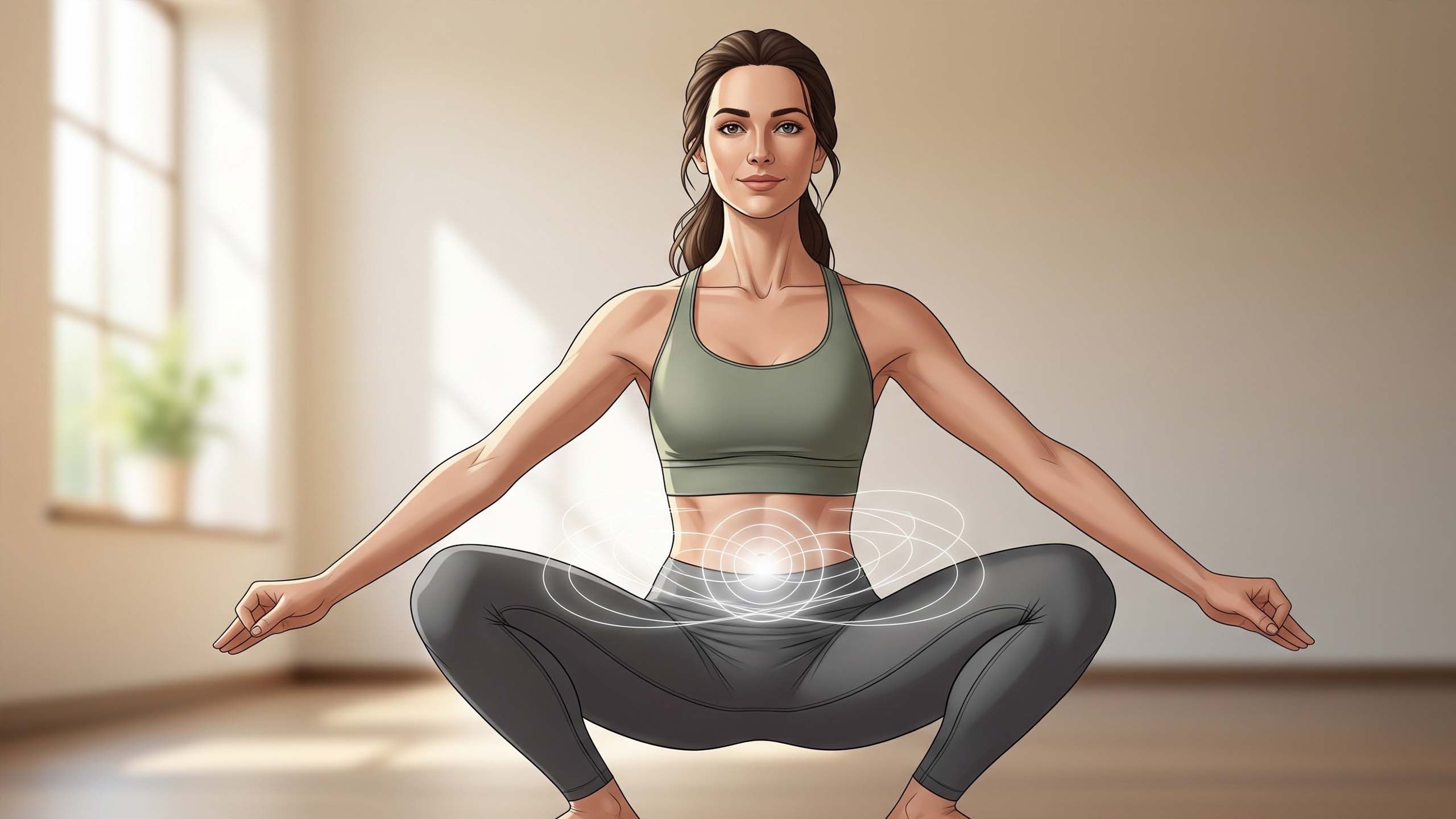 Woman practicing yoga squat to support pelvic floor health