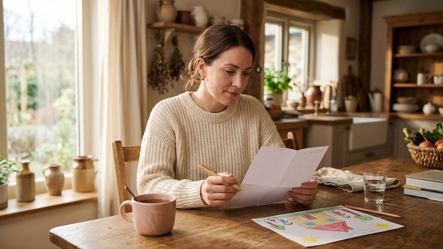 Woman at a sunlit kitchen table holding a pen over a ballot, reflecting on how women form political views