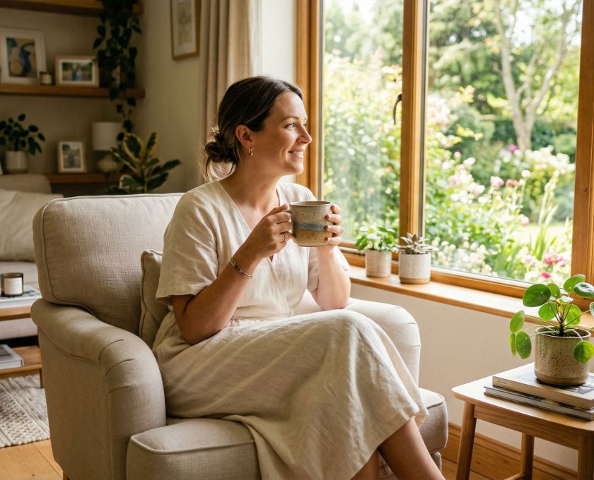 A peaceful woman enjoying a quiet moment in a bright, clean home.
