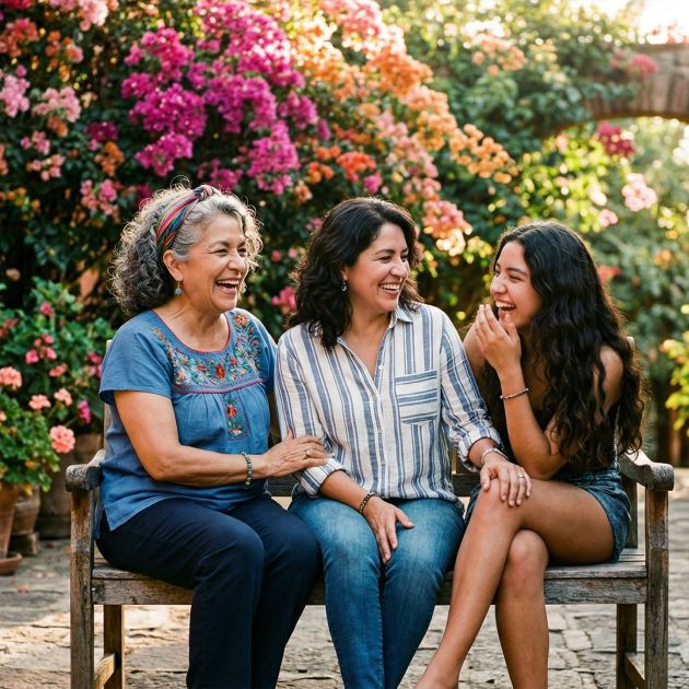 A grandmother, mother, and daughter sharing a moment of connection in a traditional courtyard.