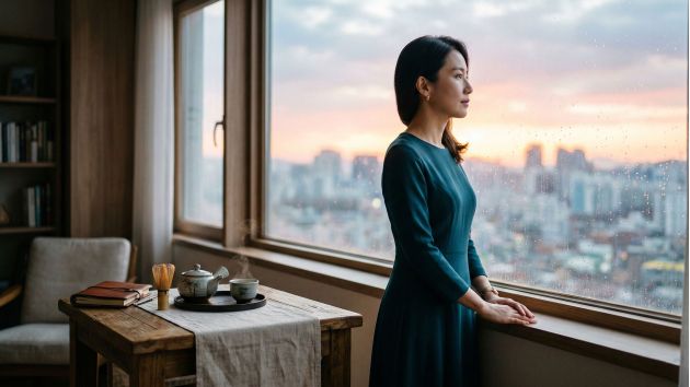 A reflective Asian woman symbolizing the balance of modern life and traditional cultural values of intimacy.