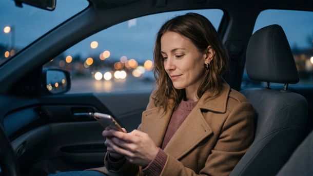 Woman in a camel coat sitting in her parked car at dusk checking her phone before a second date