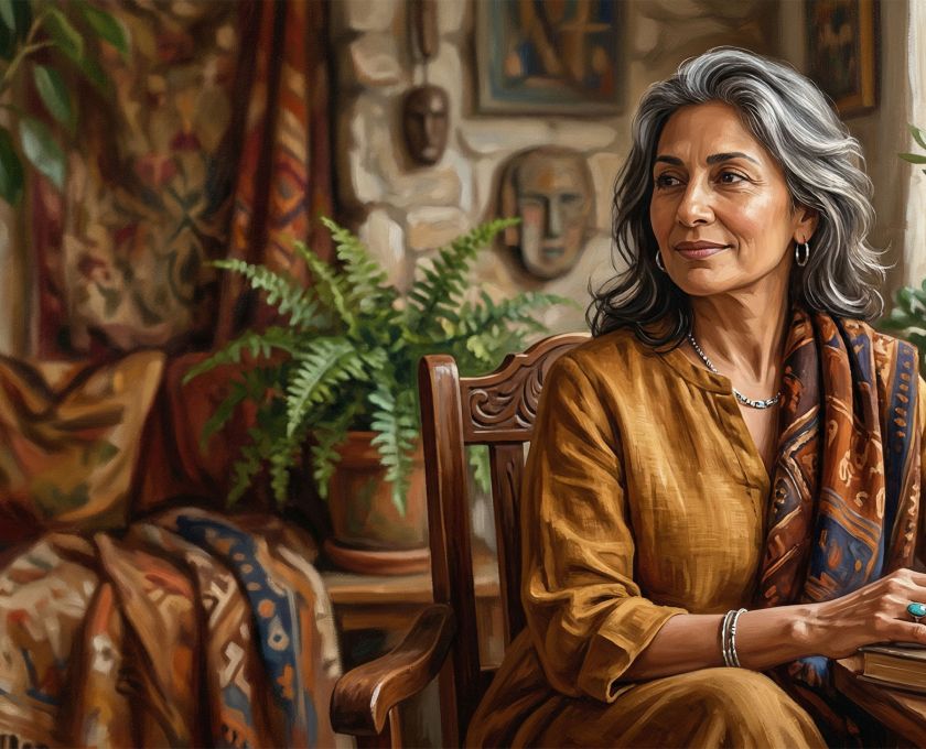 A serene woman in midlife with silver-streaked hair, softly lit, representing female wisdom and cultural perspectives on aging