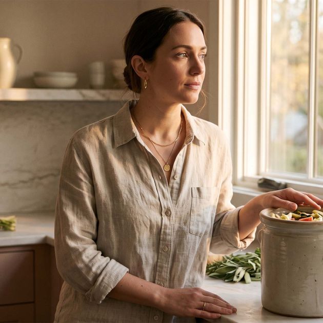 Woman in linen at a sunlit kitchen counter with a fermentation crock, illustrating the lactic acid bacteria behind the vaginal microbiome