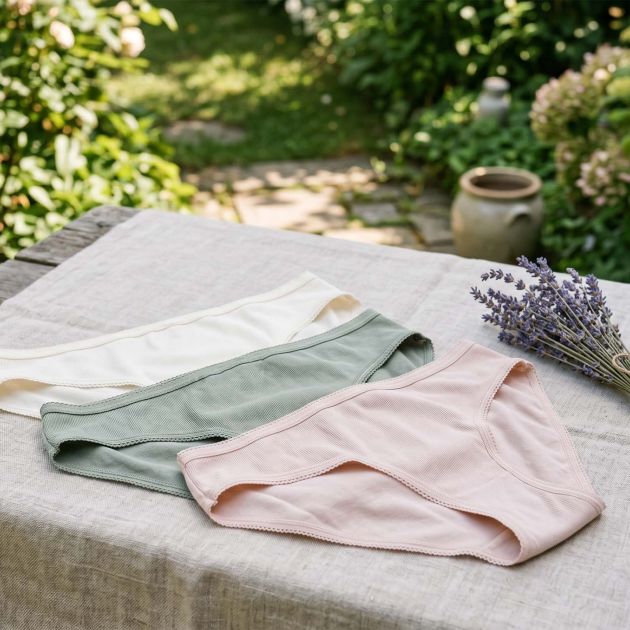 Neatly folded breathable cotton underwear in soft neutral colors on a white linen background.
