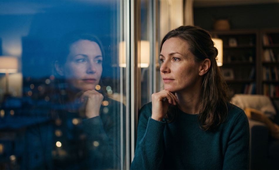 Woman sitting alone looking out a window in quiet reflection