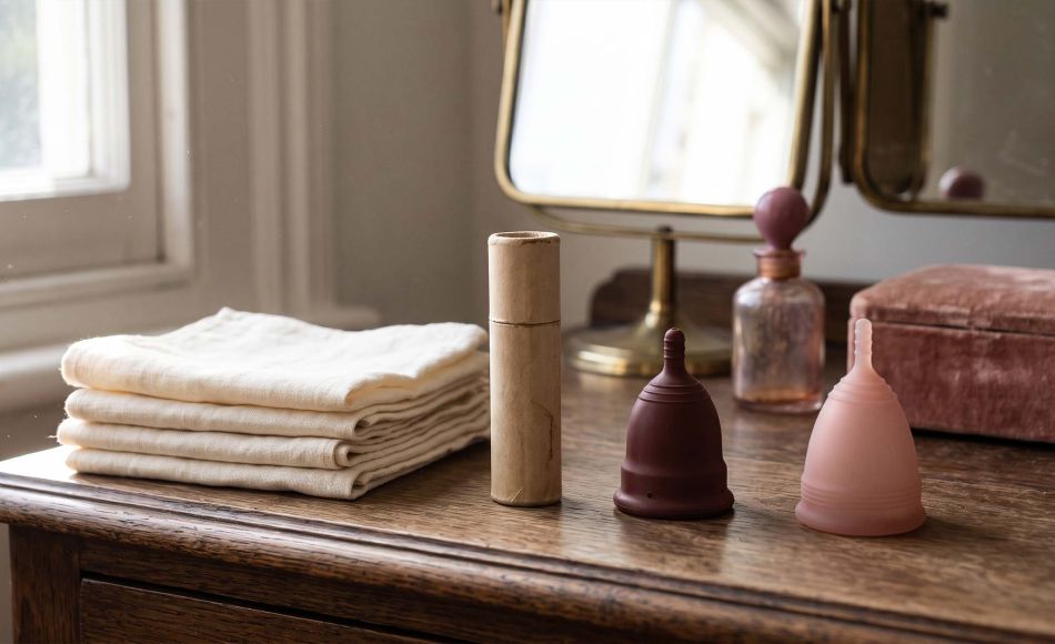 History of period products timeline shown on a sunlit dressing table with folded linen cloths, a vintage cardboard applicator, a rubber menstrual cup and a modern silicone cup