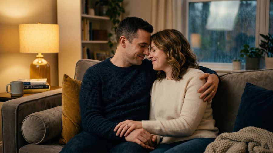 A couple sharing a moment of calm connection and mutual understanding after a productive conversation.