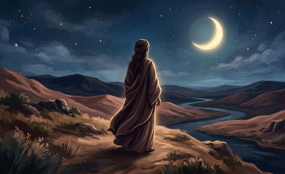 Silhouette of a woman beneath a crescent moon, representing the historical and cultural connection between the female cycle and lunar rhythms across ancient societies