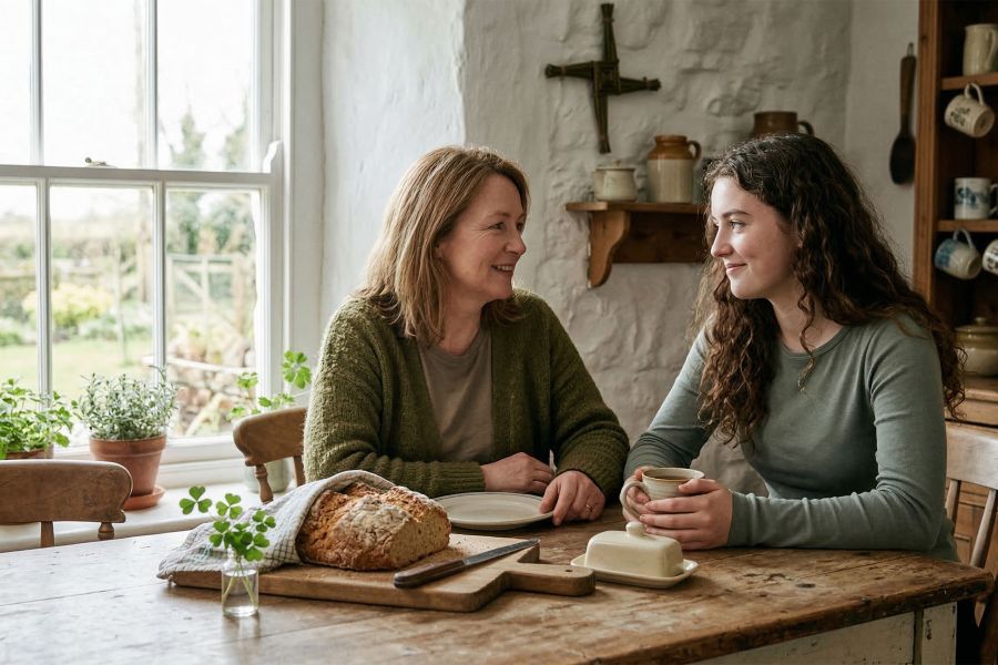 Mother and daughter celebrating Saint Patrick's Day with traditional Irish soda bread and shamrock