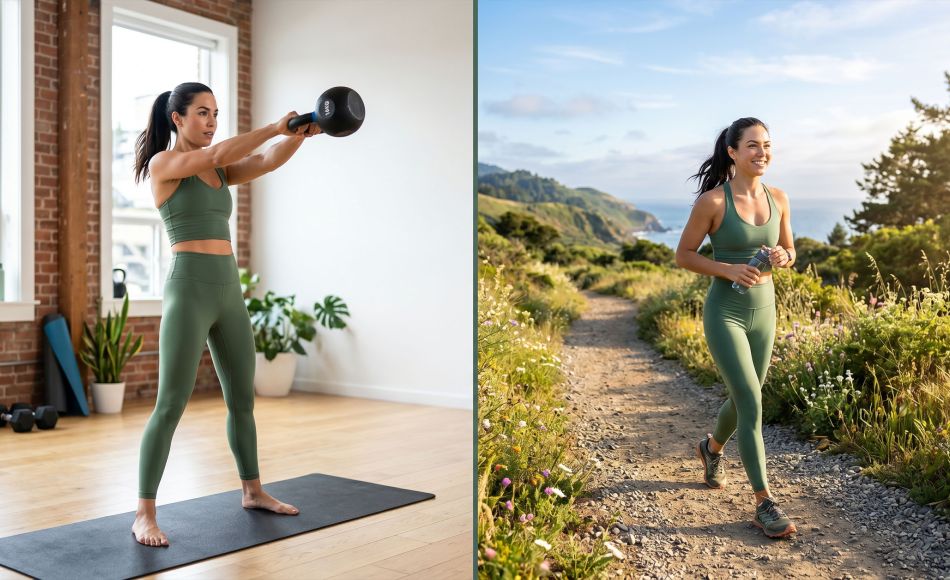 A woman practicing a balanced routine of strength training and outdoor walking for hormonal health.