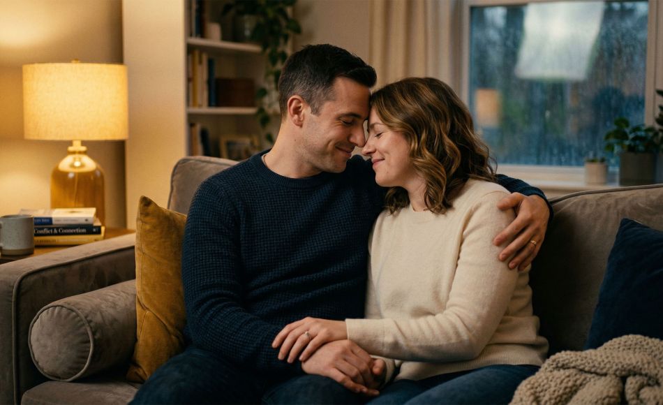 A couple sharing a moment of calm connection and mutual understanding after a productive conversation.